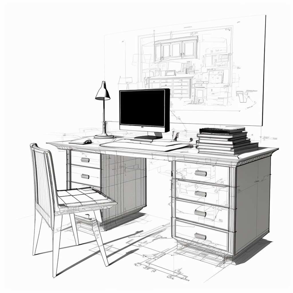 white office desk schematic drawing sketch