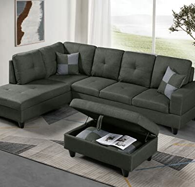 EMKK Living Room Sets Furniture Sectional 3-Seat Couch with Reversible Chaise,L-Shaped Sofa,Storage Ottoman,2 Small Pillows, Apartment and Large Space,Office, Black G, Grey
